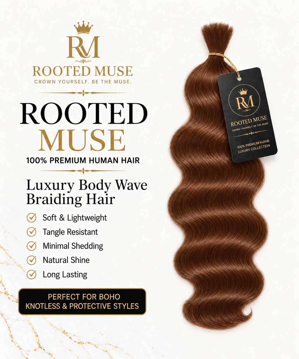 Rooted Muse 100% Human Hair Body Wave Boho Braiding Bundle – 18”