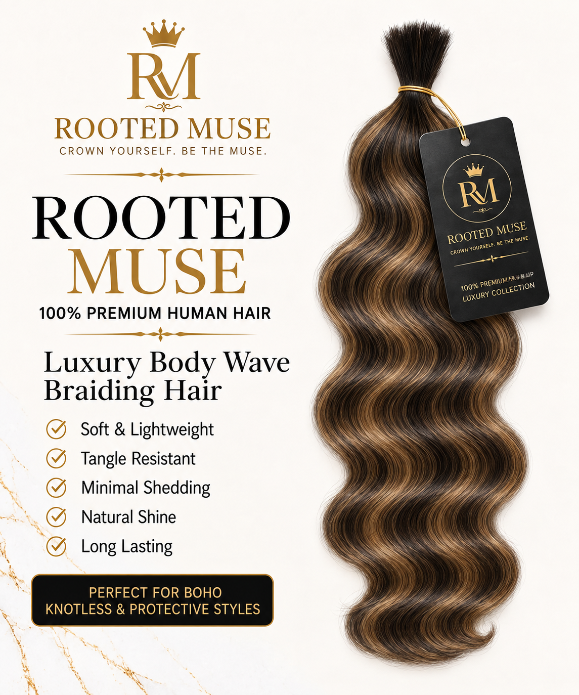 Rooted Muse 100% Human Hair Body Wave Boho Braiding Bundle – 18”