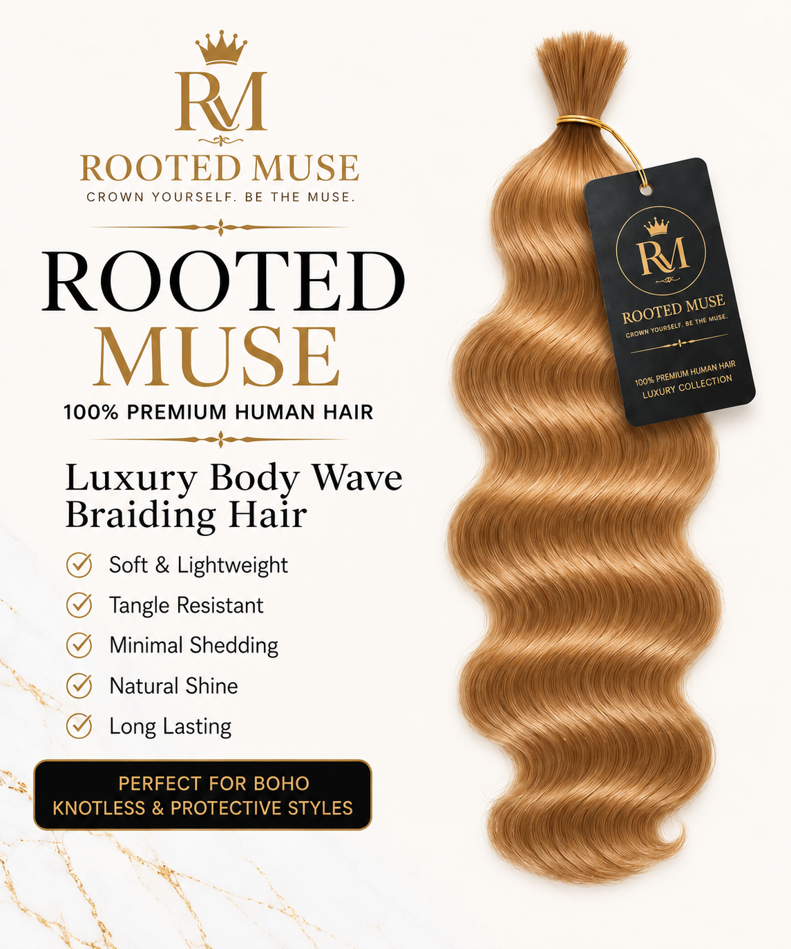Rooted Muse 100% Human Hair Body Wave Boho Braiding Bundle – 18”
