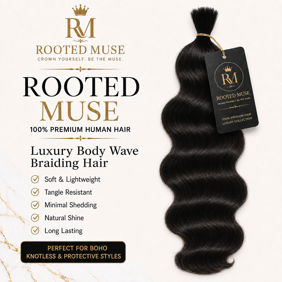 Rooted Muse 100% Human Hair Body Wave Boho Braiding Bundle – 18”
