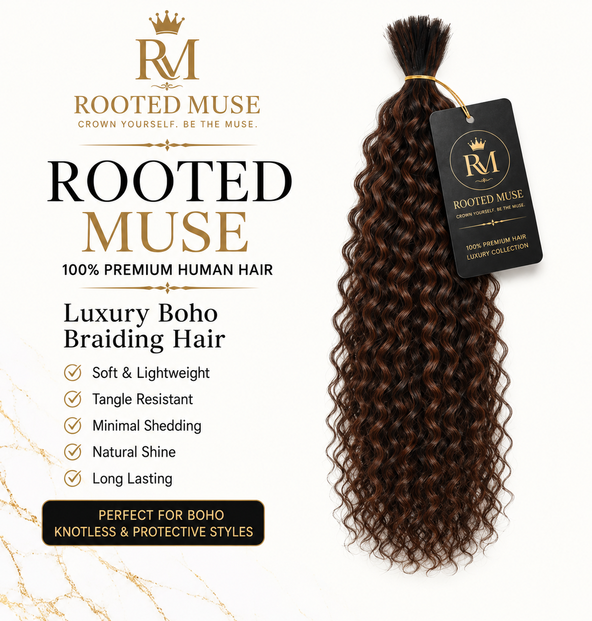 Rooted Muse 100% Human Hair Bulky Curl Boho Braiding Bundle – 18”