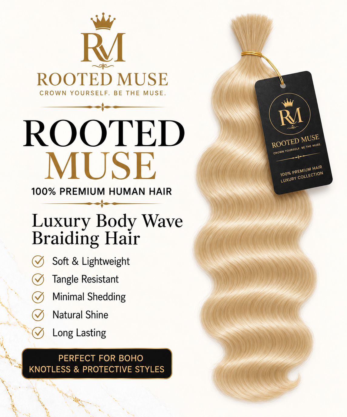 Rooted Muse 100% Human Hair Body Wave Boho Braiding Bundle – 18”