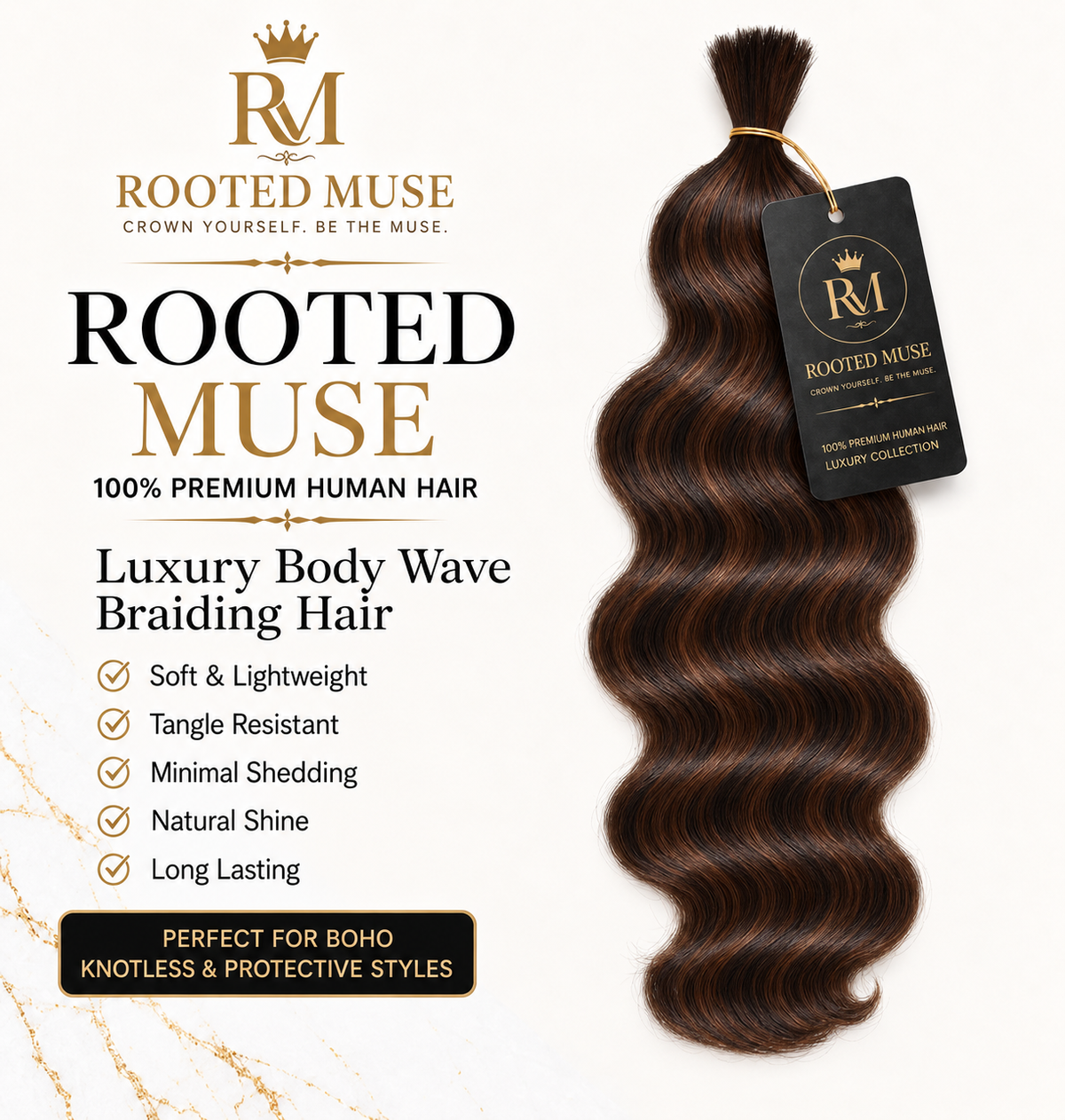 Rooted Muse 100% Human Hair Body Wave Boho Braiding Bundle – 18”