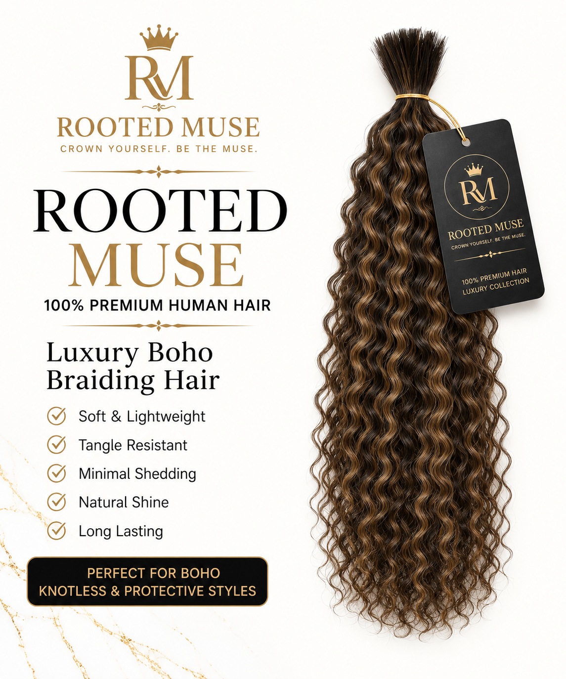 Rooted Muse 100% Human Hair Bulky Curl Boho Braiding Bundle – 18”