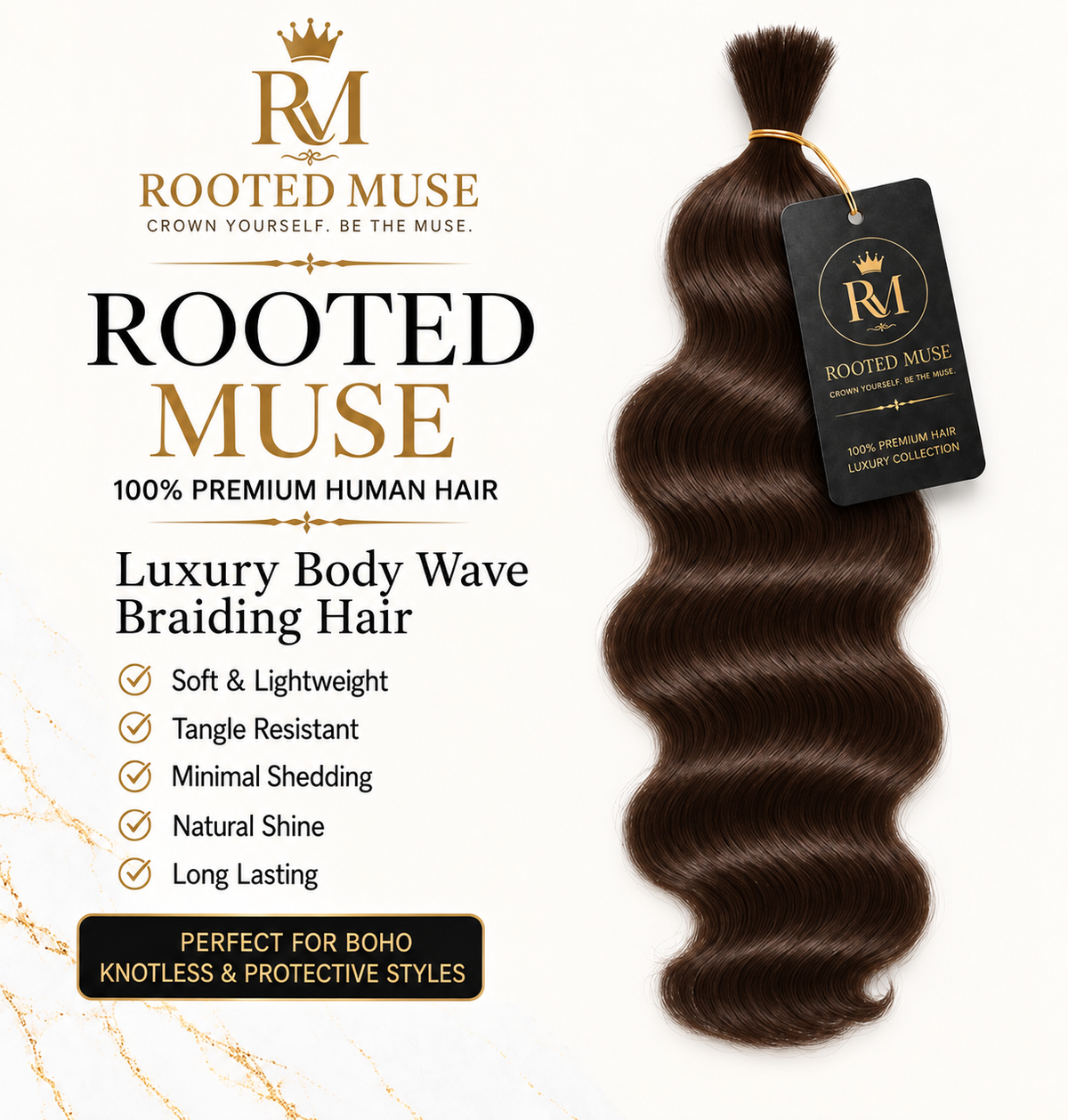 Rooted Muse 100% Human Hair Body Wave Boho Braiding Bundle – 18”