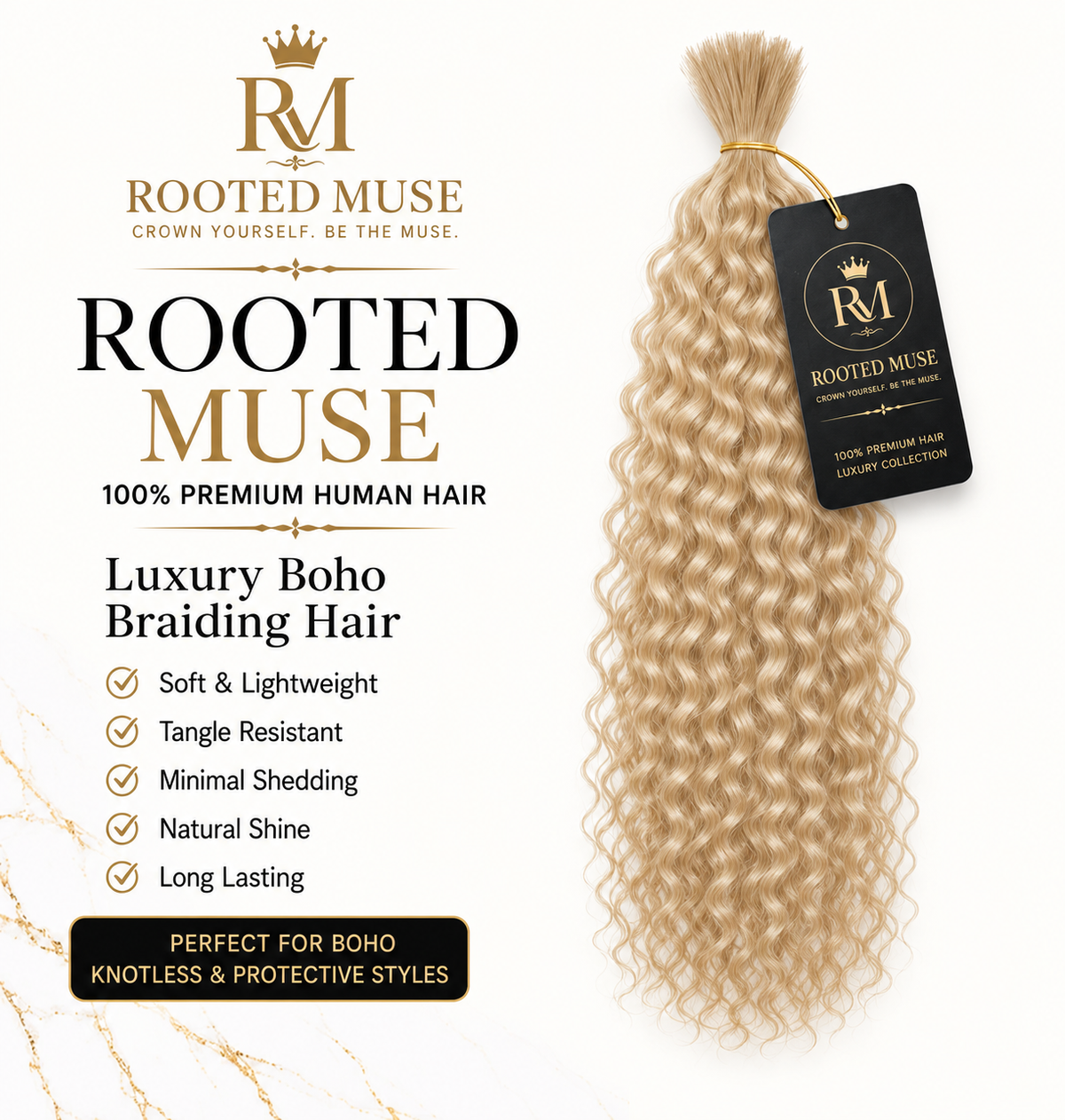Rooted Muse 100% Human Hair Bulky Curl Boho Braiding Bundle – 18”